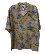 Vintage Hilo Hattie Shirt Mens Large Hawaiian Silk Beige Blue Bird of Paradise - £23.08 GBP