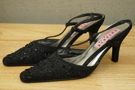 Gently Preowned Ladies Shoes Salsero Black Beaded High Heel Slingback Lacey 7M - £25.90 GBP