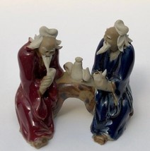 Ceramic Figurine Two Men Sitting On A Bench Drinking Tea 2.25&quot; Color: Bl... - £6.99 GBP