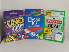 Set of 3 Card Games Uno Flip, Phase 10 &amp; Monopoly Deal All New (Y) - £26.10 GBP