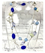 Blue Clear Glass Bead Long Strand Silver Tone Necklace 46&quot;  - £14.14 GBP