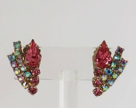 Vintage multi color rhinestone clip on abstract flower earrings - £15.97 GBP