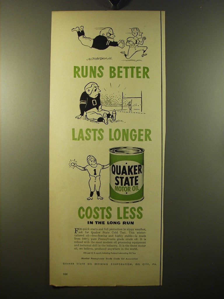 Primary image for 1950 Quaker State Motor Oil Advertisement - Runs better lasts longer