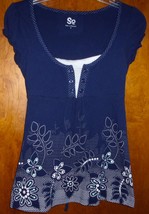 SO Navy &amp; White Top With Flowers &amp; Dots Size S - £5.49 GBP