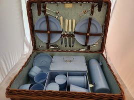 Vintage 1950s Coracle Wicker Picnic Basket 38pc Made in England Leather Straps - £197.01 GBP