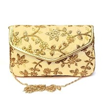 Clutch with Chain Golden Embroidered for Women&#39;s ( Gold) - £25.73 GBP