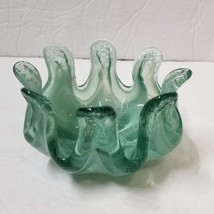 Green Art Glass Trinket Dish Flower Petal Fingers 3 1/2&quot; Shaped Waves Oc... - $8.91