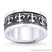 Fleur-De-Lis Lily Flower Men&#39;s 9.5mm Band / Spinning Ring in 925 Sterling Silver - £32.22 GBP+