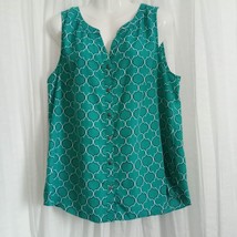 CROFTS BARROW Print Tunic Top Sleeveless Button Front Banded Teal Black White XL - £15.02 GBP