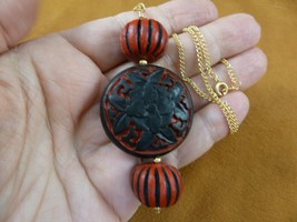 J27-6 Black CINNABAR carved wood lacquer bead jewelry 18&quot; Pendant gold necklace - £20.16 GBP