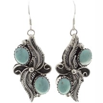 Native American Navajo Turquoise Sterling Silver Feathers Dangle Earrings - £84.41 GBP