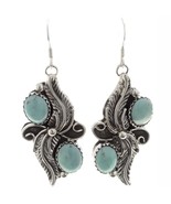 Native American Navajo Turquoise Sterling Silver Feathers Dangle Earrings - £86.25 GBP