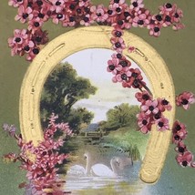 Golden Horse Shoe Vintage Postcard Antique Embossed Floral Swans - $10.00