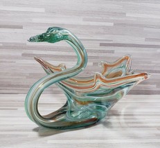 Hand Blown Swan Figurine Art Glass 7.75&quot; Bowl Green Orange - £31.01 GBP