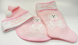 BABY PINK &amp; WHITE &quot;MY FIRST CHRISTMAS&quot; INFANT&#39;S HAT STOCKING &amp; BIB SET - £14.84 GBP