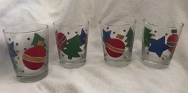 Set of 4 Christmas Glass Tumblers Lowball LIBBEY Holiday Trees Stars Balls Gold - £19.65 GBP