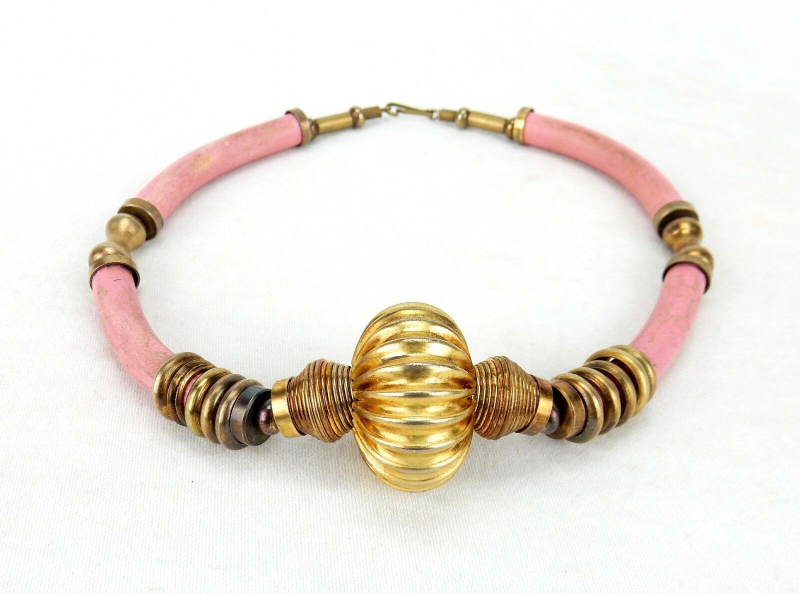 Vintage Costume Jewelry, Light Pink Wood/Ceramic and Metal Bead Necklace... - $14.65