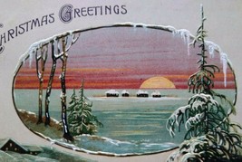 Christmas Greetings Oval Winter Sunrise Postcard Embossed Germany Unused - £16.04 GBP