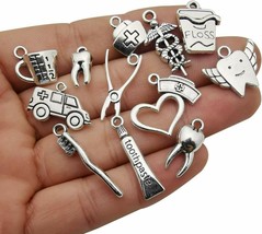 10 Dentist Charms Hygienist Pendants Themed Antiqued Silver Assorted Jewelry Mix - £3.00 GBP
