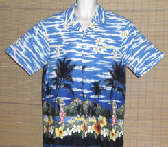 RJC Hawaiian Shirt Blue White Green Black Dancers Mountains Islands Size Large - £17.25 GBP