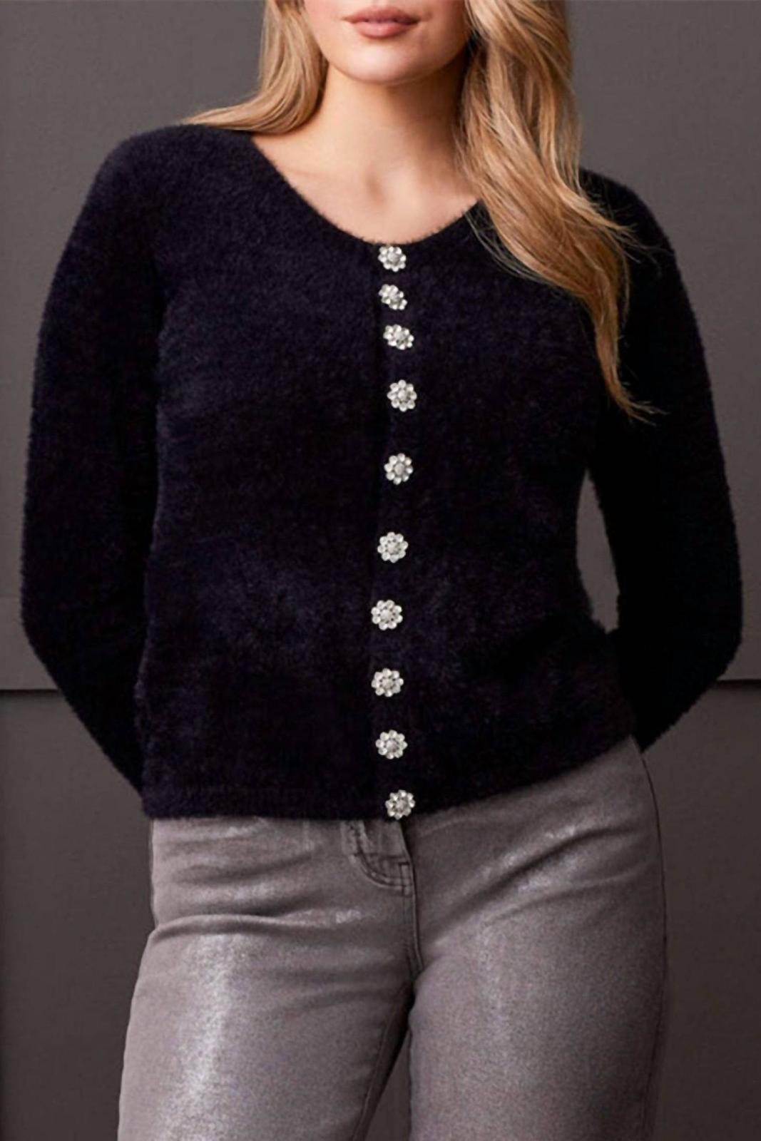 Tribal Crystal Button Fluffy Knit Cardigan Black - $59.00
