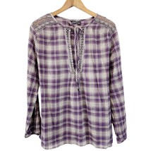 A.N.A. Womens L Bohemian Plaid Tunic Blouse Top Purple Plaid Lace Should... - $13.49