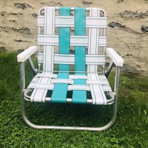 Vintage Sunbeam Aluminum Folding Beach Chair Web Weaved Low Profile Lawn... - $39.50