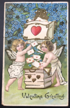 1909 BW Embossed Valentine Greetings Hearts Playing Cards &amp; Angels Postcard - $9.49