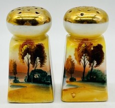 Vintage Japan Lusterware Sunset Salt Pepper Shakers Hand painted 3 inch - $15.88
