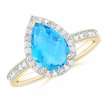 ANGARA Prong-Set Pear Swiss Blue Topaz Ring with Beaded Halo in 14K Gold - £723.18 GBP