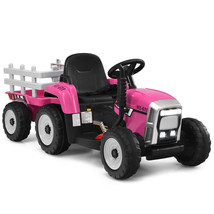 12V Kids Ride On Tractor W/ Trailer W/ Remote Control &amp; Led Lights Pink - £214.73 GBP