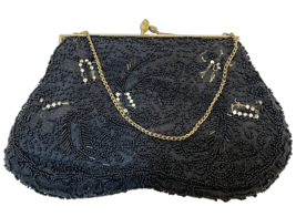 Antique Womens Black Beaded Evening Bag Purse Satin Lining 7x4.5 Chain S... - £18.42 GBP