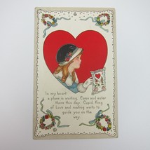 Postcard Valentine Girl Black Hat Card Red Heart Flower Wreaths Antique ... - $9.99