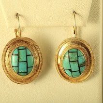 Vintage Sterling Sign 925 Inlaid Turquoise Stone Mosaic Oval Lever back Earrings - £51.43 GBP