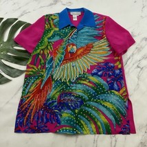 Diane Gilman Womens Vintage Sequin Parrot Blouse Top Size S Pink Blue Silk - £22.99 GBP