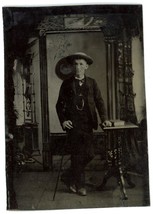 CIRCA 1860&#39;S 1/6 Plate TINTYPE Handsome Boy With Walking Stick Wearing Hat - £12.41 GBP