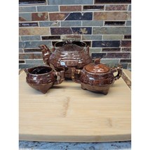 Vintage Teapot Sugar Creamer Set, Wire Handle, Brown Gold Trim, Japan Red Ware - £18.03 GBP