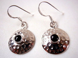 Black Onyx Hammered Convex Shaped Sterling Silver Dangle Drop Earrings - £13.26 GBP