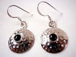 Black Onyx Hammered Convex Shaped Sterling Silver Dangle Drop Earrings - £13.34 GBP