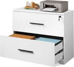 Devaise White 2-Drawer Wood Lateral File Cabinet With Lock For Home Office. - £146.67 GBP