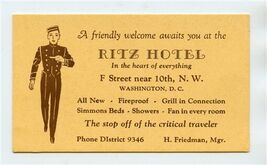 Ritz Hotel Business Card F Street Bellhop Image Washington DC 1940's Fri... - $17.82