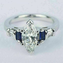 Engagement Ring 2.90Ct Simulated Diamond &amp; Blue Sapphire 14k White Gold Size 7 - £214.29 GBP