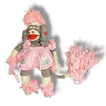 Vintage Handmade Original Sock Monkey 16” Girl Pink Outfit Fringe Pom Poms - £40.05 GBP