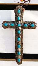 7"Tall Rustic Western Faux Distressed Wood Wall Cross With Turquoise Peb... - $19.99