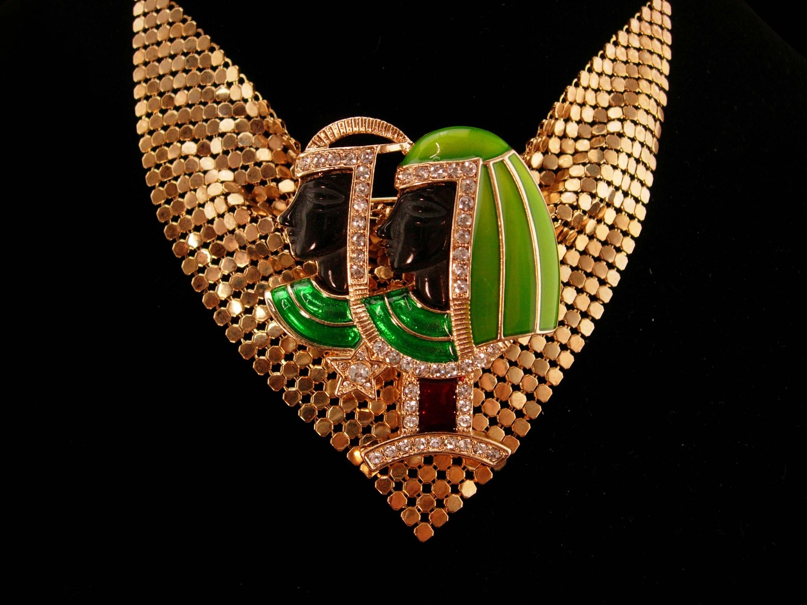 Primary image for Vintage Cleopatra necklace - gold & Enamel Egyptian brooch set - Goddess jewelry