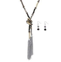 Black And Silver Beaded Silvertone Wrap Arounnd Necklace And Earrings Set - £55.30 GBP