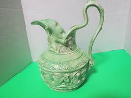 Vintage Green 3D Pitcher Vase Greek Mythology Zeus Poseidon Mermaid Cher... - $44.55