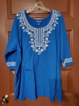 Woman Within Top Women Plus Size 2XL 26/28  Blue Embroidery Tunic - £14.24 GBP