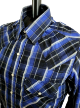 Ely Cattleman Western Shirt Blue Metallic Plaid Long Sleeve Pearl Snaps Size M - $19.75