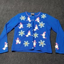 Vintage Berek Cardigan Sweater Women Medium Blue Beaded Poodles and Flowers - £58.29 GBP